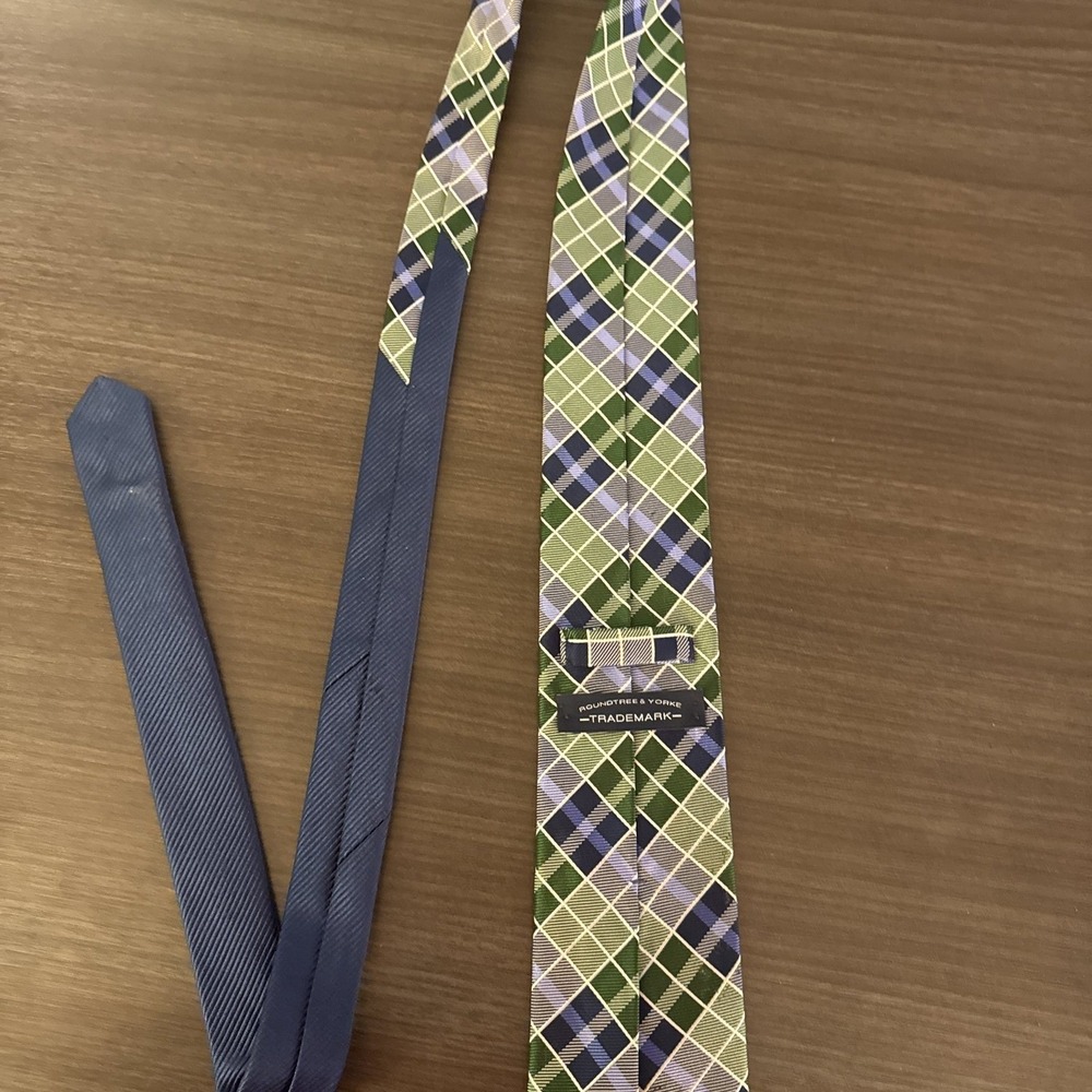 Mens Brothers & Yorks Plaid Necktie Blue Green White Silk Blend Dress Tie - Picture 2 of 4
